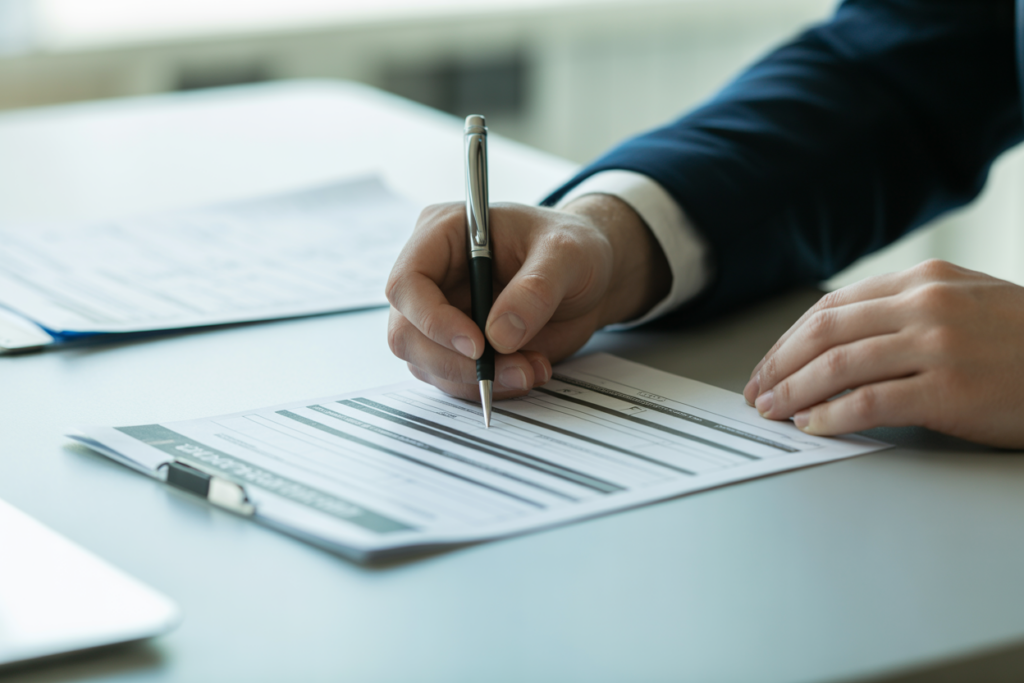 A person's hands filling out a job application form on a clean desk.