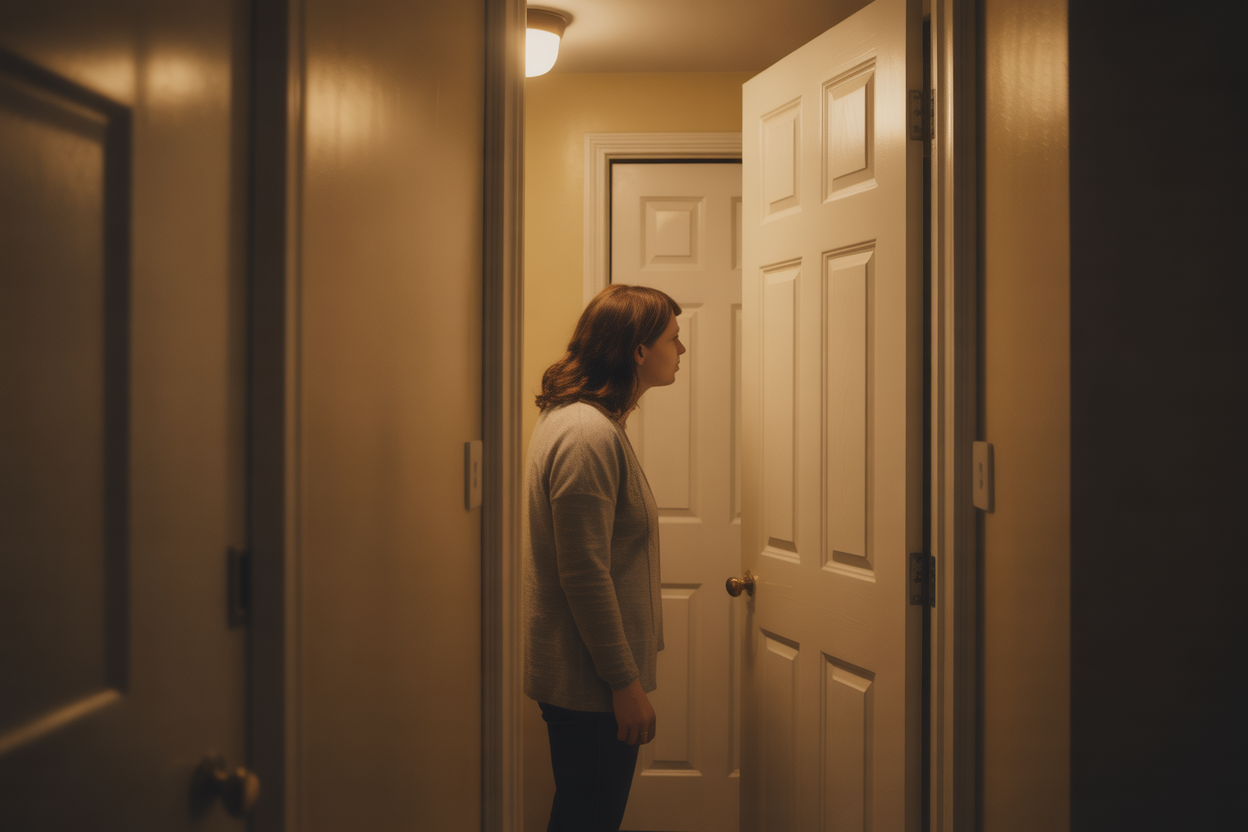 A concerned parent looks at their teen's closed bedroom door, feeling worried and empathetic.