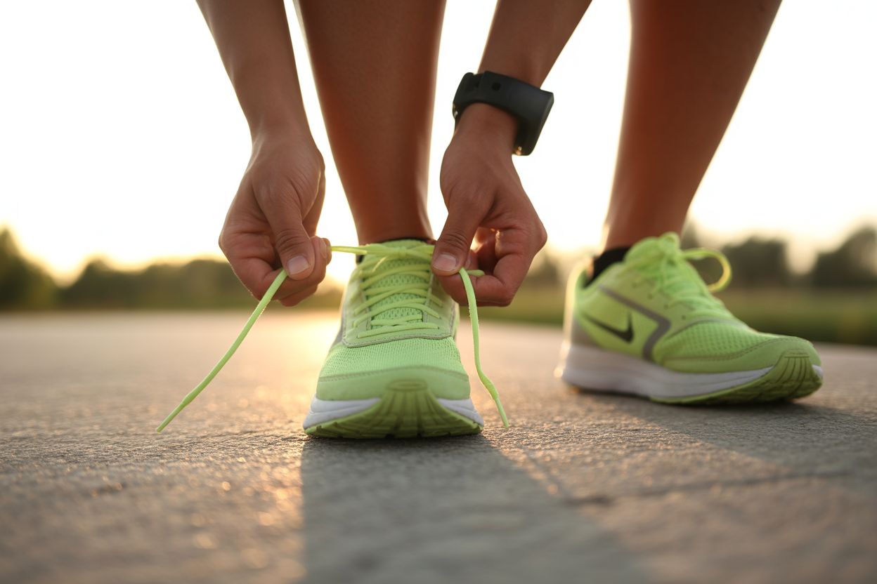 A person tying their running shoes, symbolizing taking a positive, concrete step to break a mental cycle.