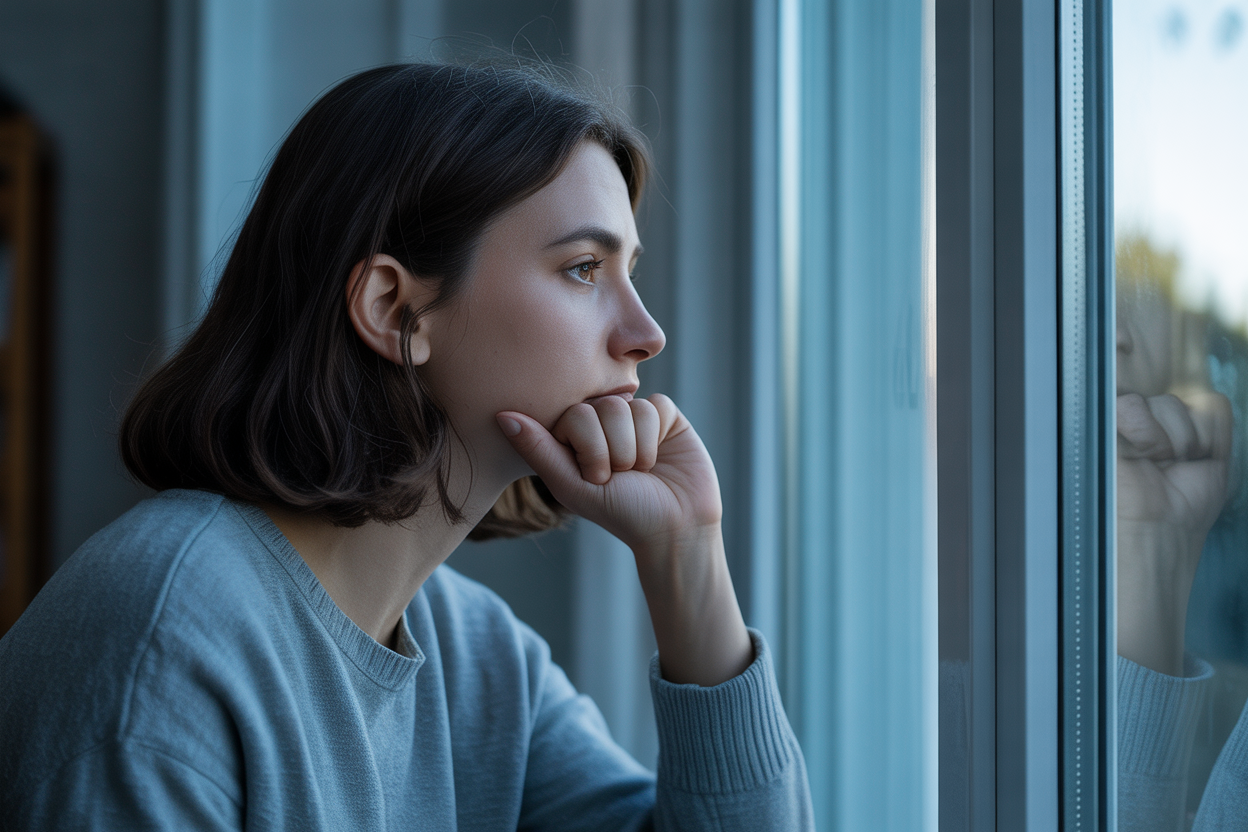 A person looking out a window with soft light, suggesting quiet resilience and contemplation of their challenges.