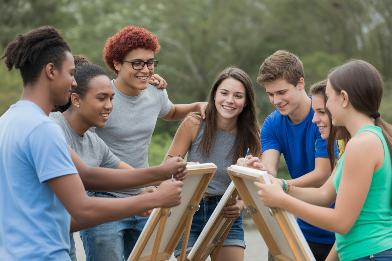 A diverse group of teens hike together, laughing and connecting in a supportive, sober friendship group.