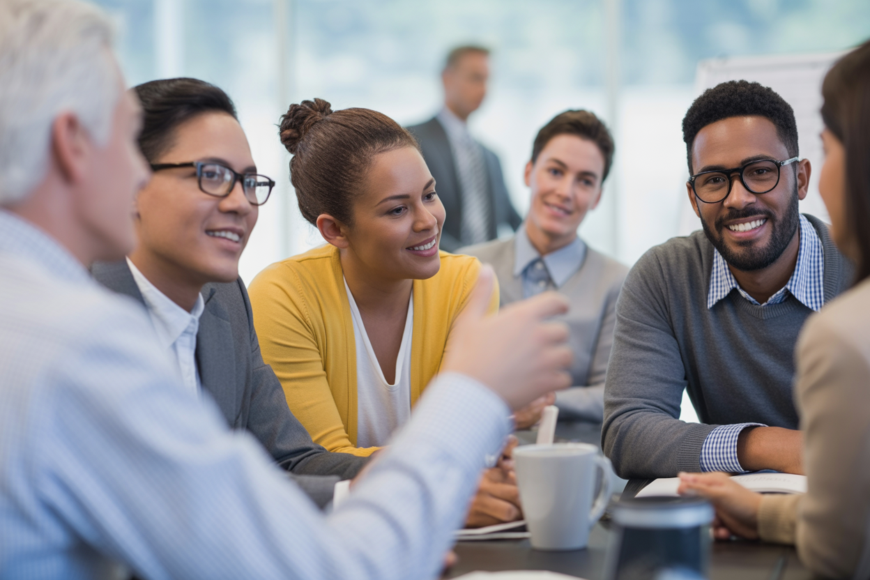 A diverse group of employees in a professional meeting, symbolizing a healthy workplace culture.