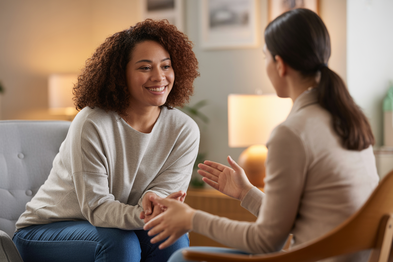 An empathetic therapist listening to a client during a supportive counseling session.
