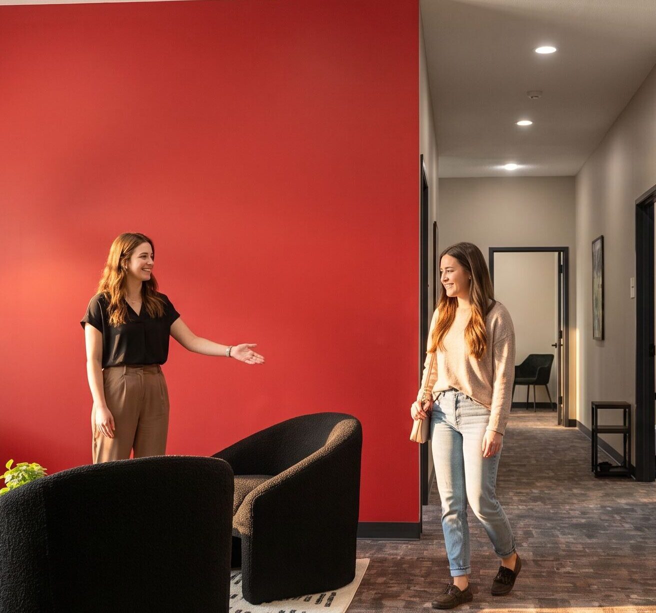 Staff member welcoming client into lounge area at rehab in Colorado treatment facility