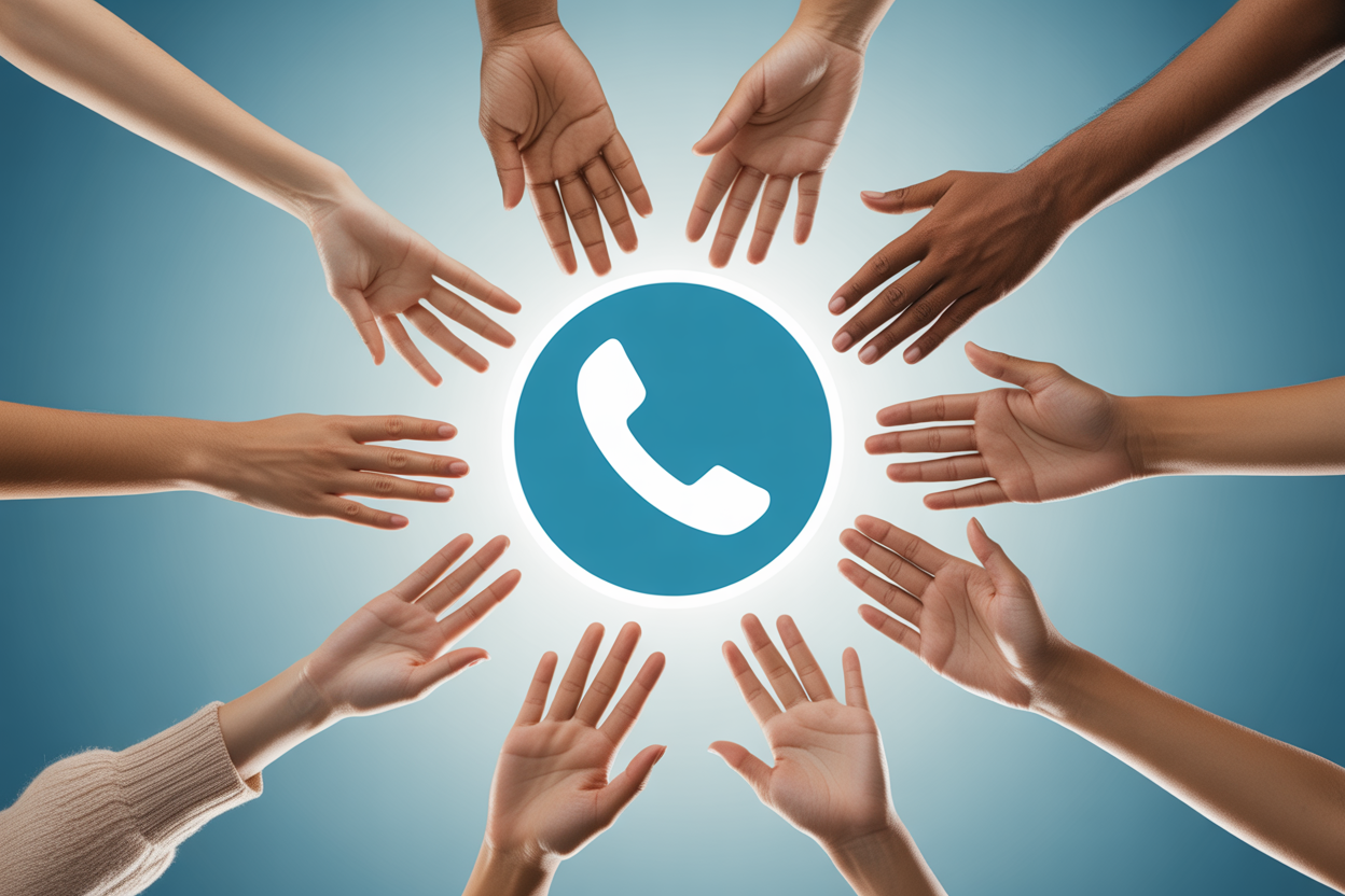 An infographic showing diverse hands reaching for a phone icon, symbolizing community support and reaching out for help.